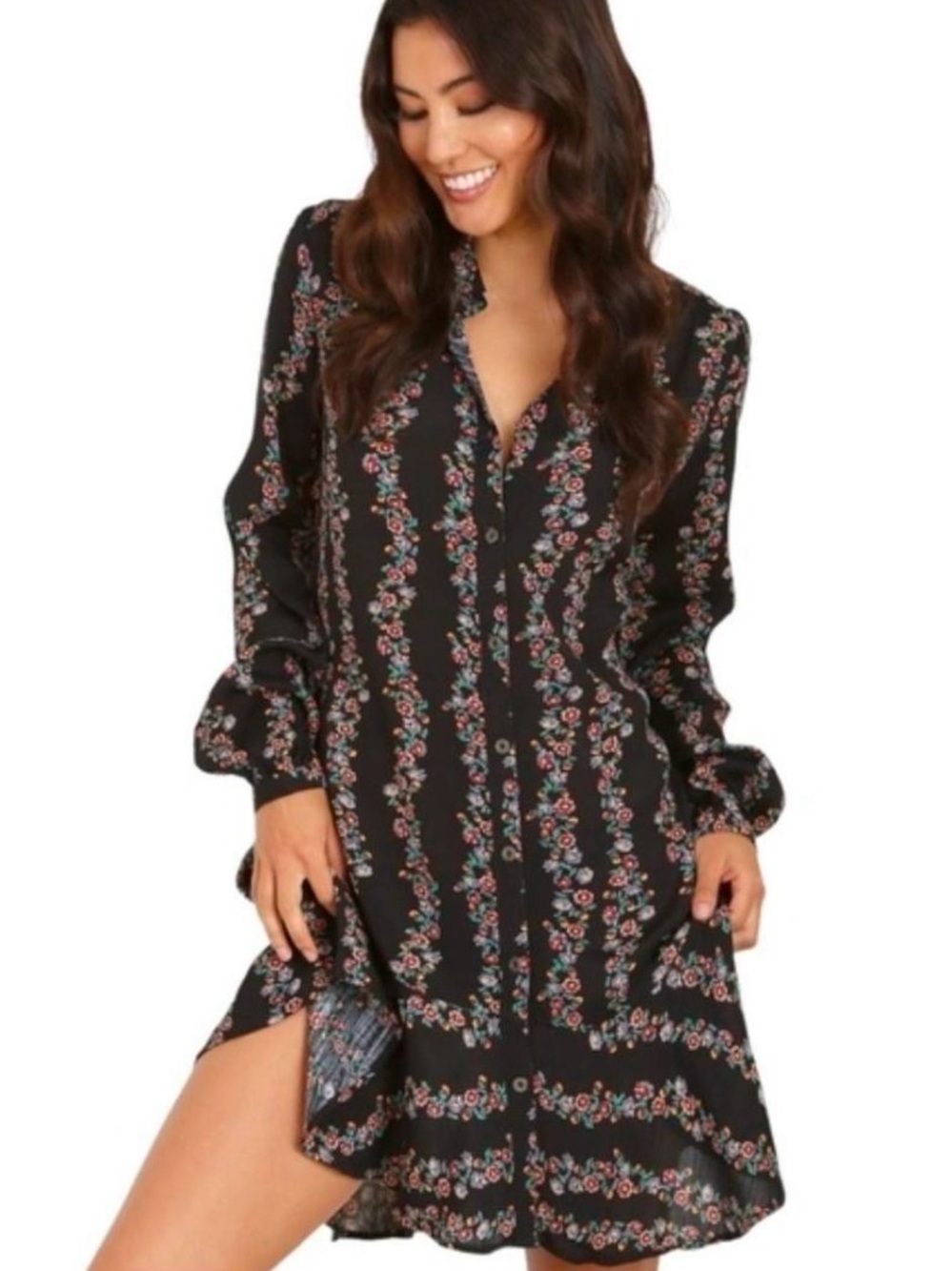 Free People Black Floral Long-Sleeve Button Dress